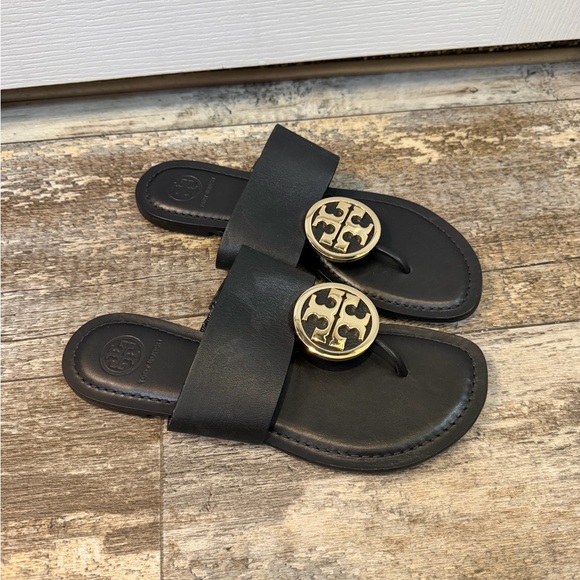 Tory Burch Black Leather Toe-Post Sandals with Gold Logo Medallions - Picture 2 of 3